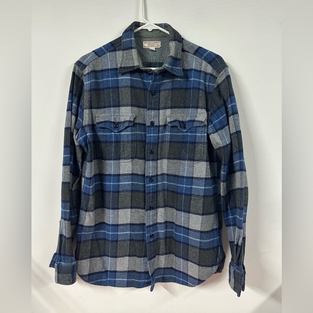 Wallace & Barnes Shirt Mens Medium Plaid Flannel Button Up Blue Midweight